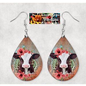 Baby Cow Teardrop Dangle Western Print Hook Handmade Earrings